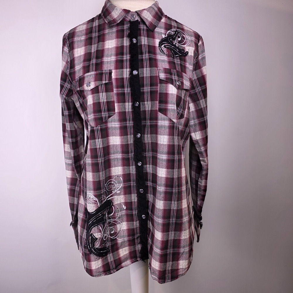 Maurices Plaid Button Up‎ Shirt L Embroidered Western Fringe Pearl Snap Grunge